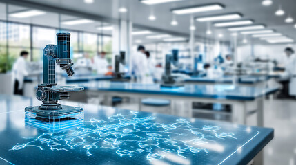 Modern laboratory with digital microscope and molecular structures displayed on a table