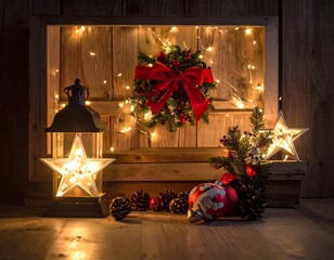 Christmas vignette on rustic wooden planks