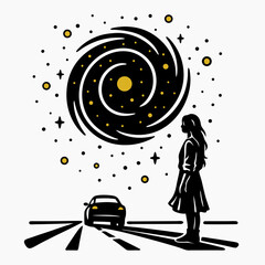 Fototapeta premium A lone traveler stands beside a quiet car, staring at a swirling galaxy that blooms above the road like a doorway, as if the night unscrewed a lid and invited them to step into its turning light.