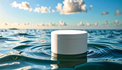 White cosmetic jar floats on ocean waves
