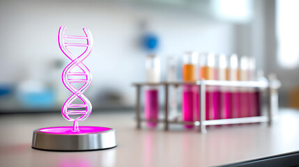A glowing DNA double helix model on a lab bench with test tubes containing colored liquids in the background.