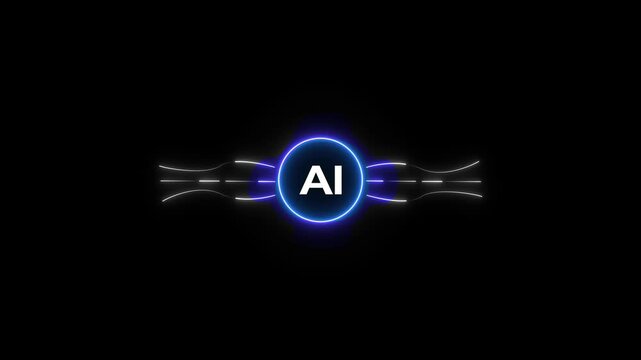 Animated of neon AI circuit board with Ai text animation on black background. Minimal chip icon with AI text and neon lines icon animation on background.