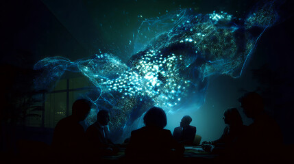 Group of people observing a glowing digital network projection in a dark room