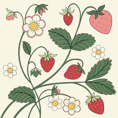 Strawberry plant with flowers and leaves on a light background pattern