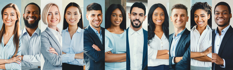 A group of business professionals stands together in a contemporary office space. Men and women of diverse backgrounds wear formal attire.