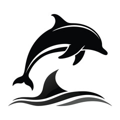 Sleek Black Dolphin Leaping Over Stylized Waves, Minimalist Icon