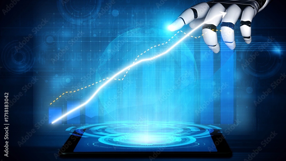 Poster a futuristic robotic hand interacts with a digital tablet showcasing a graph, symbolizing advancemen