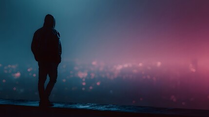 Fototapeta premium A lone hooded figure stands on the edge of a rooftop gazing at a foggy illuminated city skyline under a moody atmospheric sky
