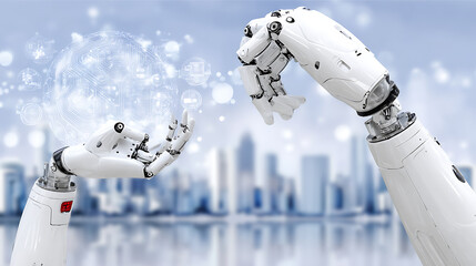 Robotic arms interacting with digital data visualization against a cityscape background