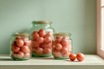 Minimalist glass jars filled with colorful preserves