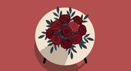 A striking flat design illustration of a romantic bouquet composed of deep red roses and lush green foliage, elegantly placed on a minimalist table.