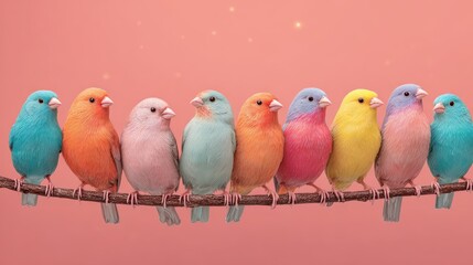 Naklejka premium Minimalist photorealistic colorful small birds lineup
