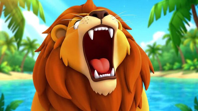 A cartoon lion roars with its mouth wide open, showing teeth, against a tropical background.
