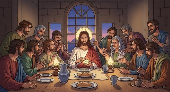 The Last Supper Jesus and his disciples gathered around a table.