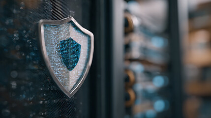 A close-up of a shield emblem on a server rack, symbolizing data protection in a technology environment.