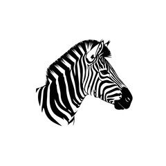 Striking black and white illustration of a zebra's head in profile, showcasing its distinctive striped pattern and elegant form.
