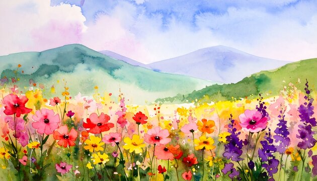 Colorful watercolor flowers and mountains - Powered by Adobe