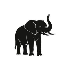 Silhouette of an elephant, standing upright, with raised trunk and visible tusks.