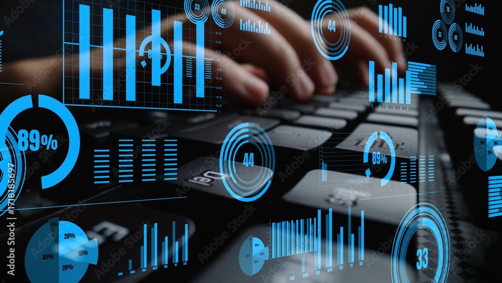 Aufkleber a detailed close-up image of hands typing on a keyboard, surrounded by various digital data visualiz