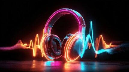 Vibrant neon headphones illuminated by a pulsating soundwave on a reflective surface