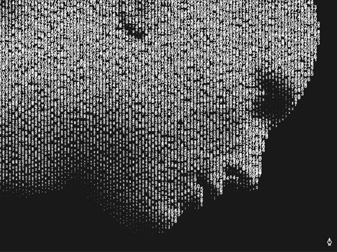 A face emerging through a cascading digital code matrix. Looking down. Concept of digitalization and artificial intelligence. Illustration for a brochure, poster, presentation, flyer, or banner.