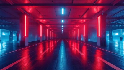 Perspective view of an empty modern underground parking garage with vibrant neon lighting and wet floor reflections