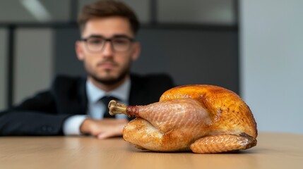 Businessman enjoying thanksgiving turkey dinner at the office desk. Festive autumn holiday meal executive savoring roasted fowl workplace setting professional celebrating gratitude