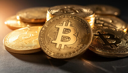 Close-up of a heap of bitcoin replicas symbolizing cryptocurrency wealth