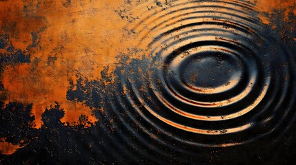 Abstract art featuring concentric circles with orange and black color scheme and textured surface