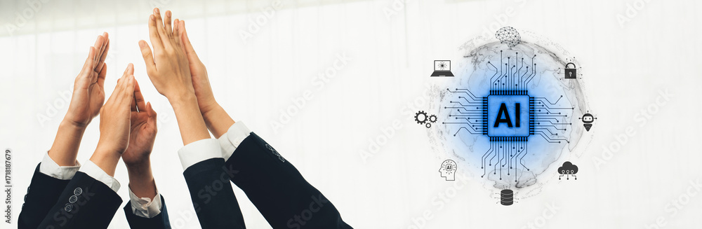 Poster hands raised in triumph symbolize success and innovation in the context of artificial intelligence, 