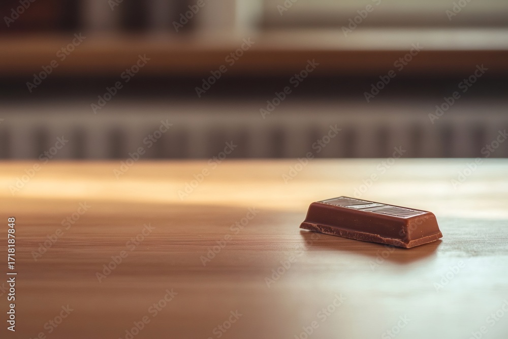 Poster single chocolate bar placed on a wooden surface in a brightly lit room, creating a simple yet tempti