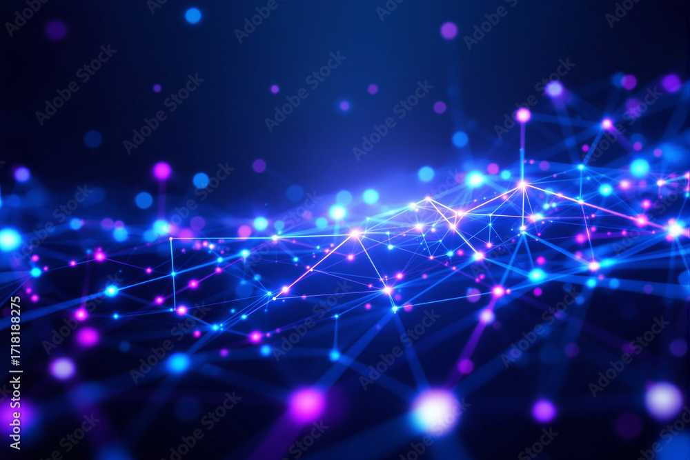Poster glowing digital network design with neon lines and dots connecting across a dark blue background, il