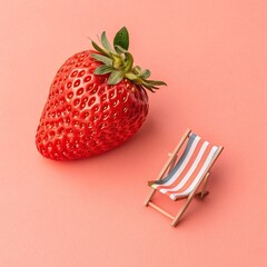 Strawberry with beach chair on pink background 
