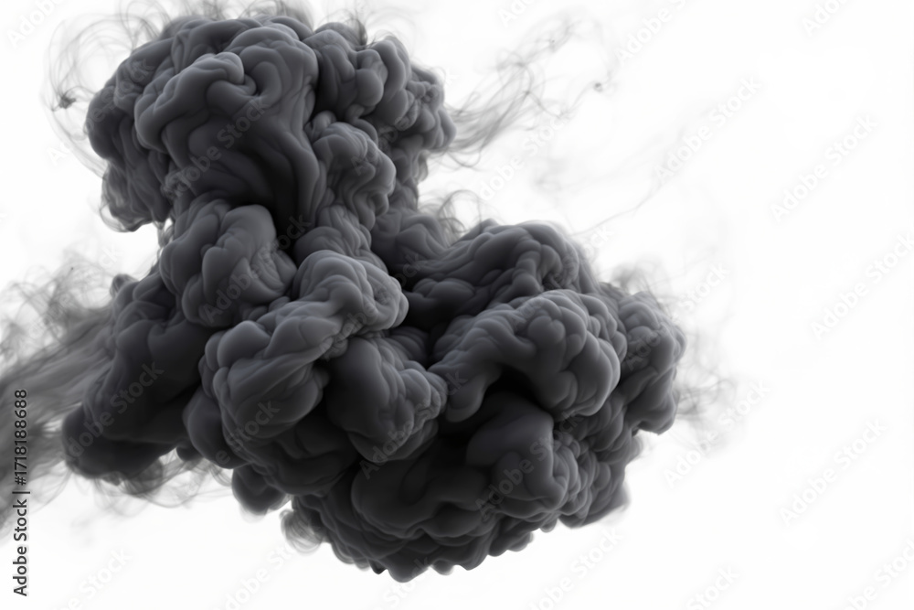 Poster abstract smoke cloud with dense swirling patterns in dark gray tones on white background, dynamic fl