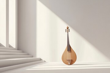 Wooden dulcimer standing in a bright minimalist white room with stairs and sunlight passing through large windows, creating a peaceful and artistic atmosphere