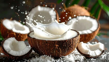 Coconut milk splash on a dark surface