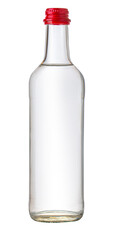 Miniature vodka bottle with red cap on white background