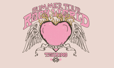 Eagle wing with heart. Rock and roll graphic print design for apparel, stickers, posters and background. Rock star design. Eagle fly vector artwork for t shirt and others.