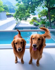 Two golden retrievers on a balcony overlooking a pool