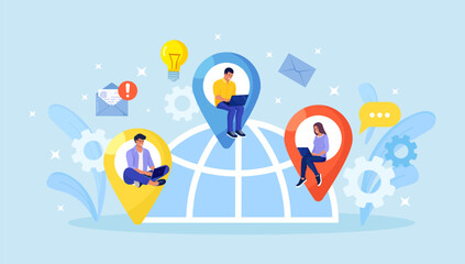 Global outsourcing, freelance. Teamwork and project delegation. Employee work from home remotely. People with different skills connecting together online and working on the same project, remote work