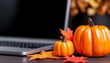 Cozy autumn workspace with a laptop keyboard small pumpkins and dry maple leaves. Seasonal office decor for fall holidays. Creative desktop arrangement portable computer keypad