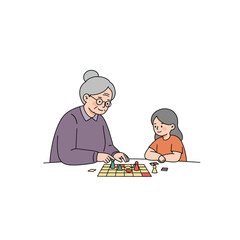 Grandmother and Granddaughter Playing Board Game.