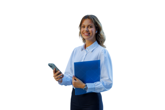 Young businesswoman wearing earbuds holding smartphone and folder smiling looking at camera, transparent background - Powered by Adobe