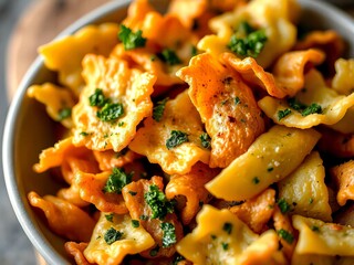 Delicious colorful pasta mixed with herbs in a white bowl