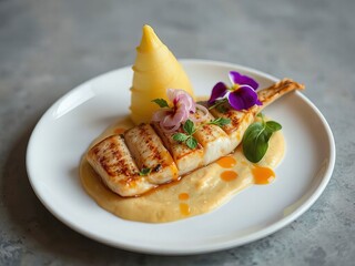 Gourmet grilled fish fillet with sauce and garnishes on an elegant plate