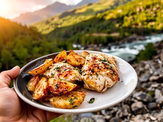 Person holding a plate of grilled chicken and potatoes in nature with mountains and river