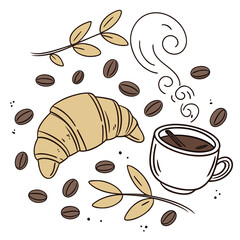 Croissant and coffee with beans, breakfast illustration