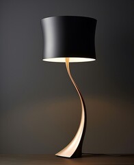 Sleek modern lamp with black shade and elegant curved base on neutral background