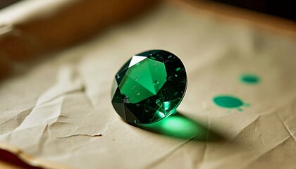 Beautiful green gemstone on textured paper with artistic flair and reflections