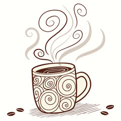 Coffee cup with steam and coffee beans